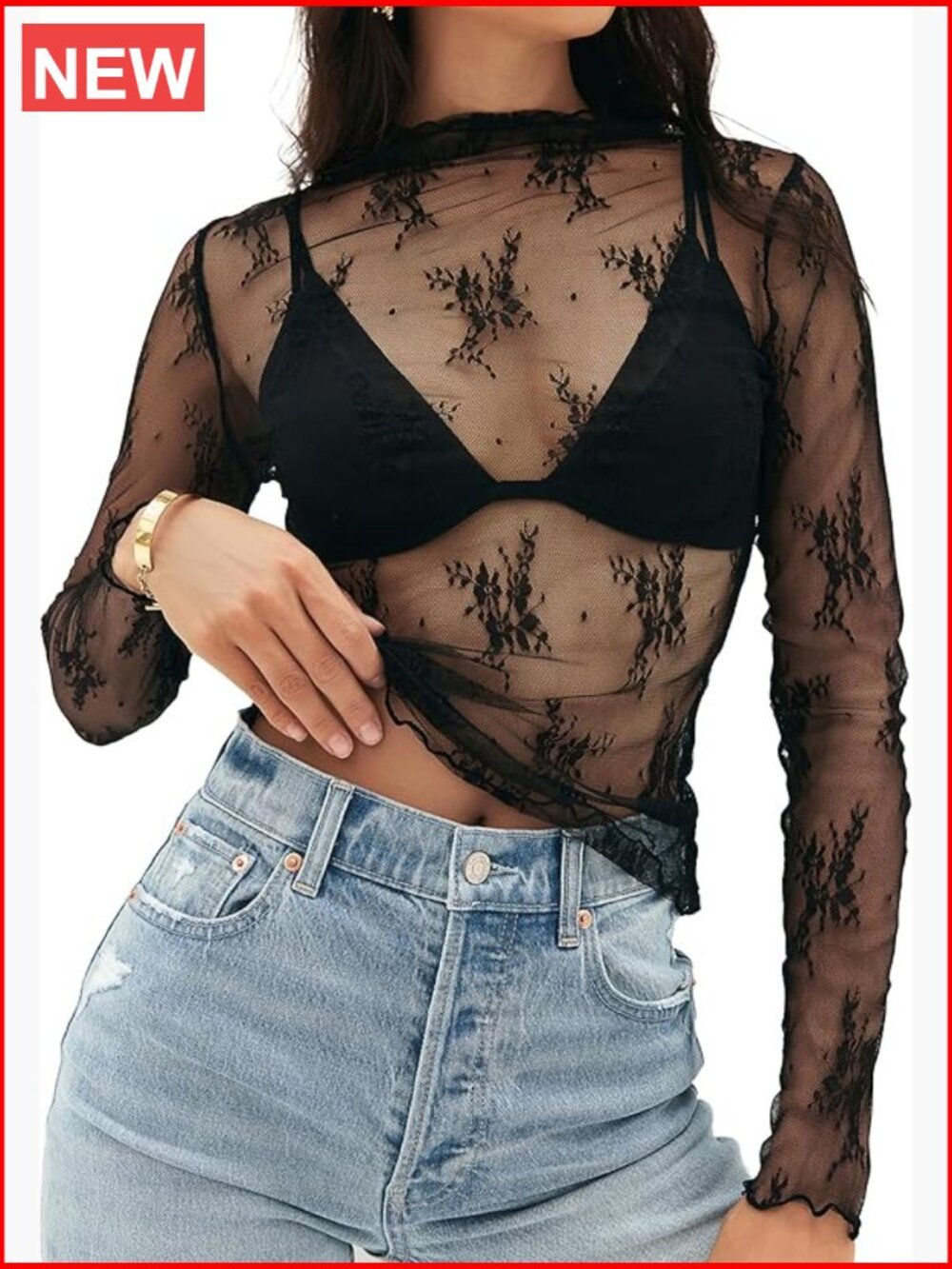 Mesh Sheer Lace Long Sleeve Top Mock Neck See Through Blouse